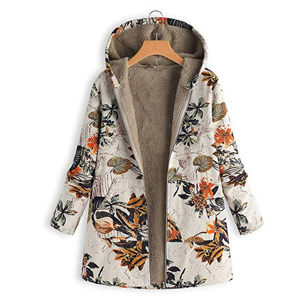 Women's Hooded Coat - Plush Lining - Floral Print - Relaxed Fit - Zipper Front