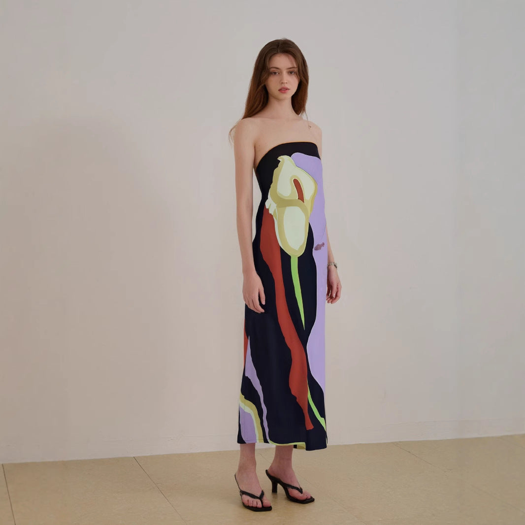 Women’s Strapless Midi Dress – Abstract Print – Flowing Fit – Lightweight Fabric