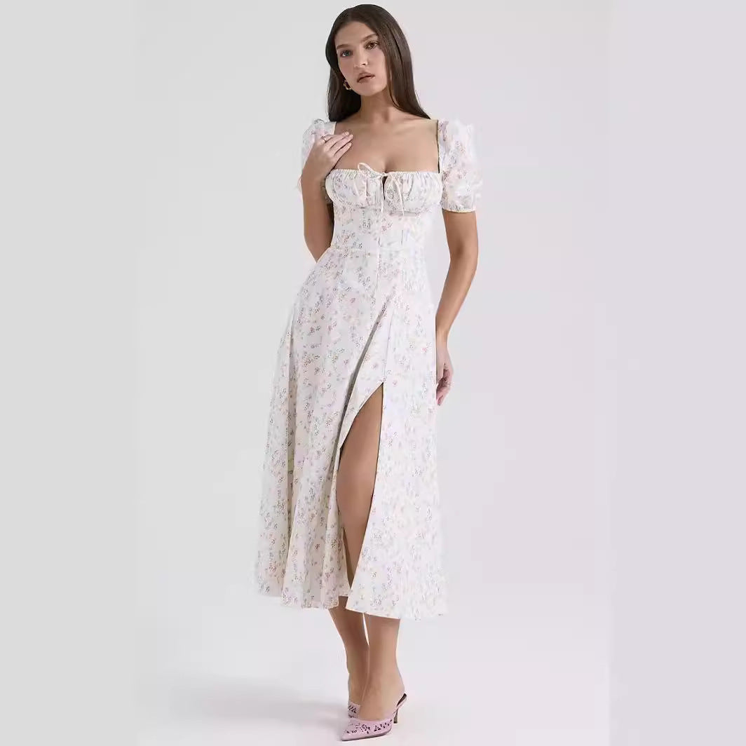 Women’s Midi Dress – Floral Print – A-Line Fit – Puff Sleeve – Square Neck Cotton