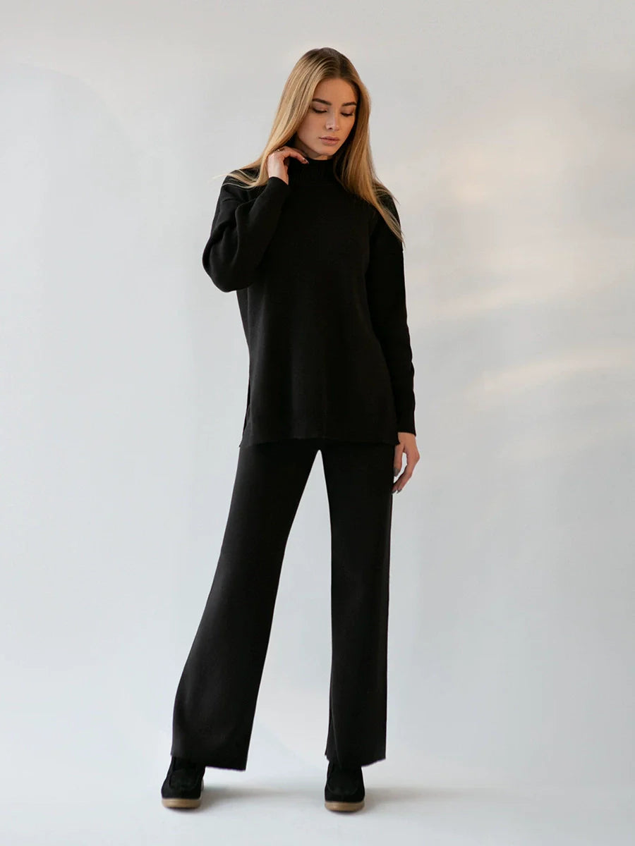 Women’s Two-Piece Knit Set – Relaxed Fit Sweater with Side Slits – Wide-Leg Pants