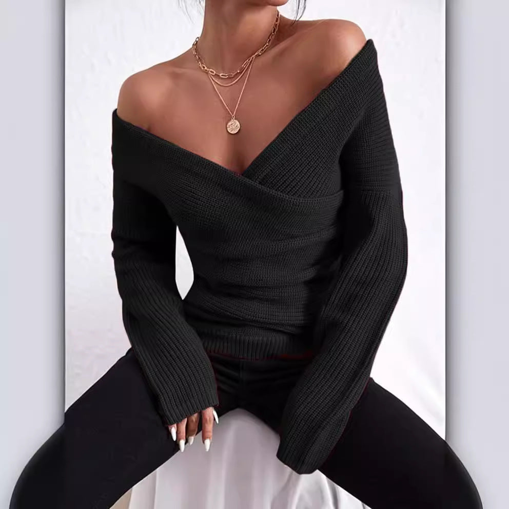 Women’s Sweater – Slim Fit – Ribbed Knit – Off-Shoulder – Wrap V-Neck – Pullover Style