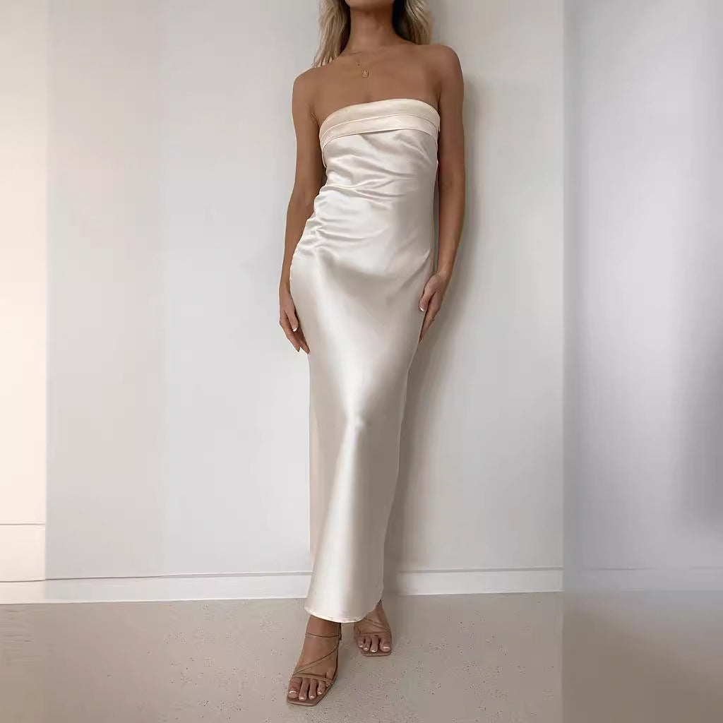 Women’s Strapless Maxi Dress – Satin Floral Print – Fitted Formal Evening Gown