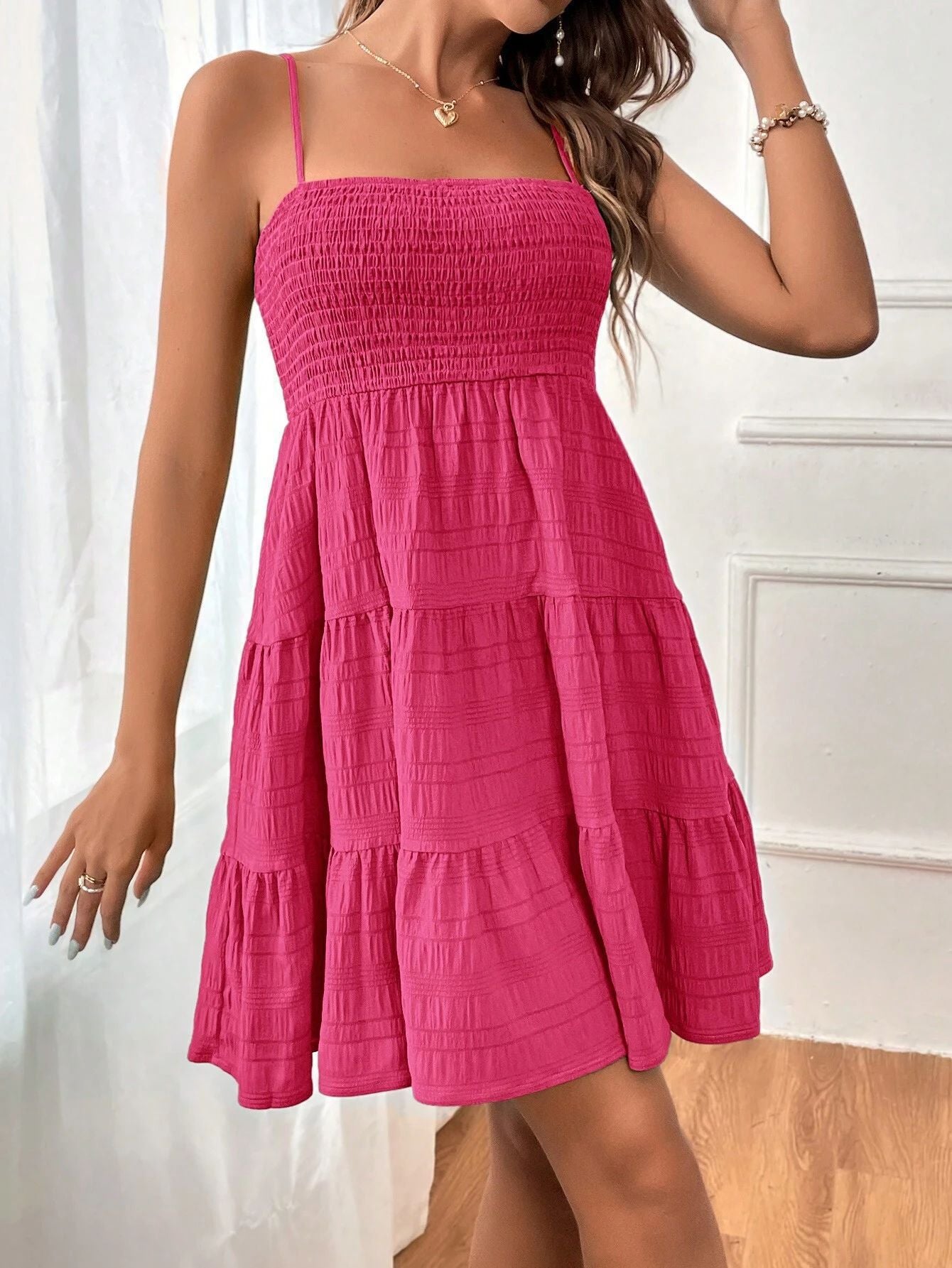 Smocked Bodice Flowy Tiered Skirt Dress