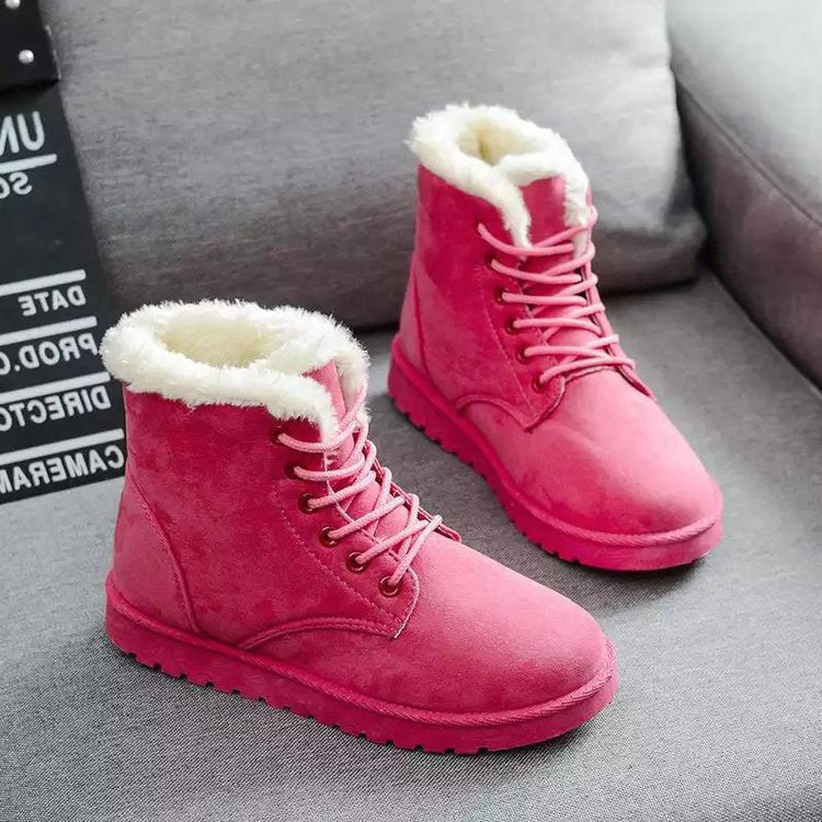 Women’s High-Top Suede Boots - Faux Fur Lining - Lace-Up - Flat Rubber Sole