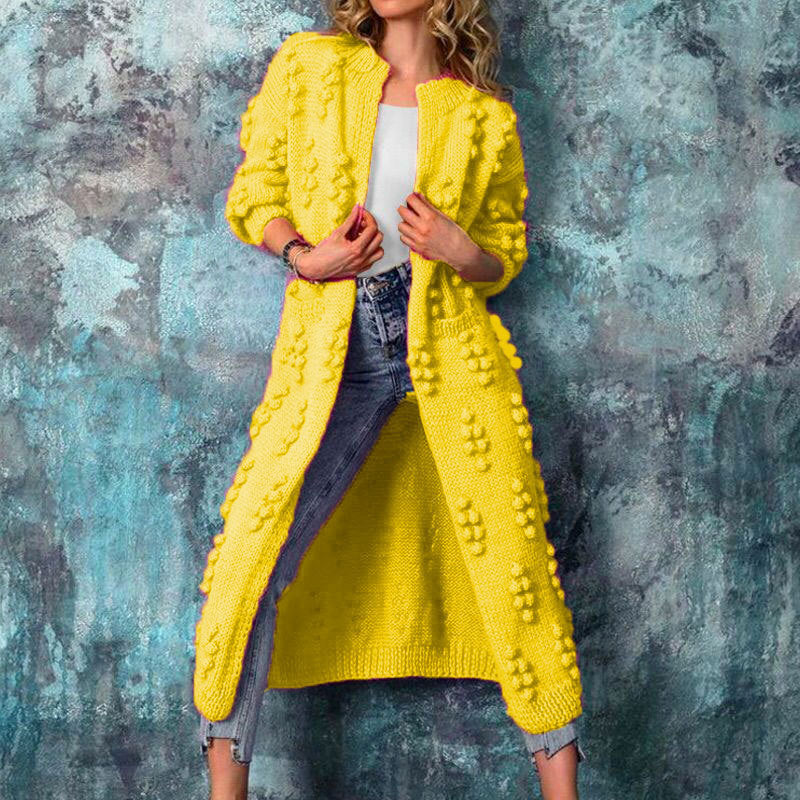 Women’s Long Cardigan Sweater Jacket – Popcorn Knit – Open Front – Patch Pockets – Relaxed Fit