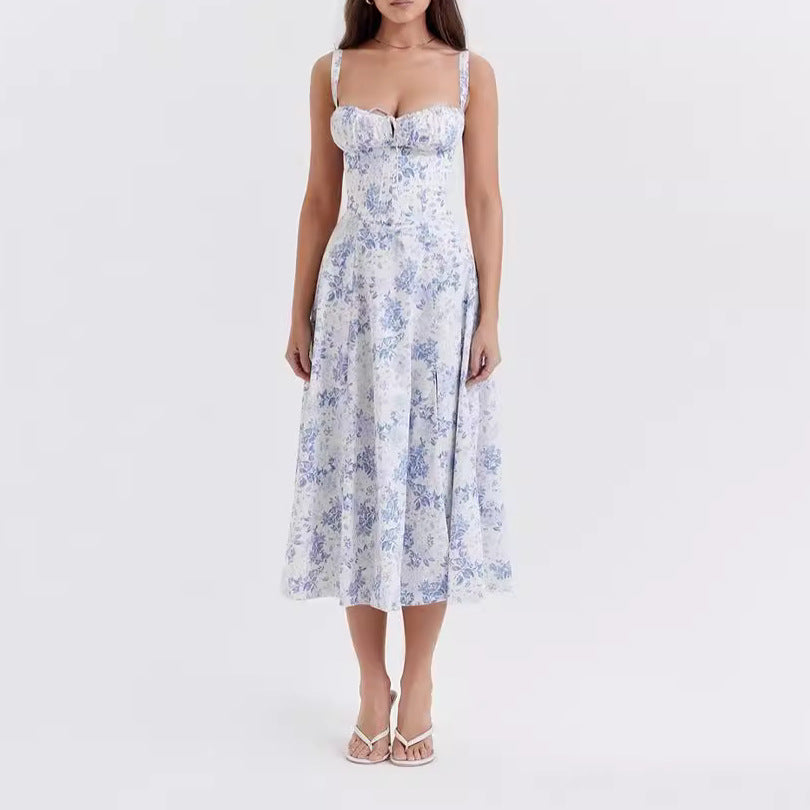 Women’s Midi Dress – Sleeveless A-Line – Tie Front – Floral Print – Breathable Fabric