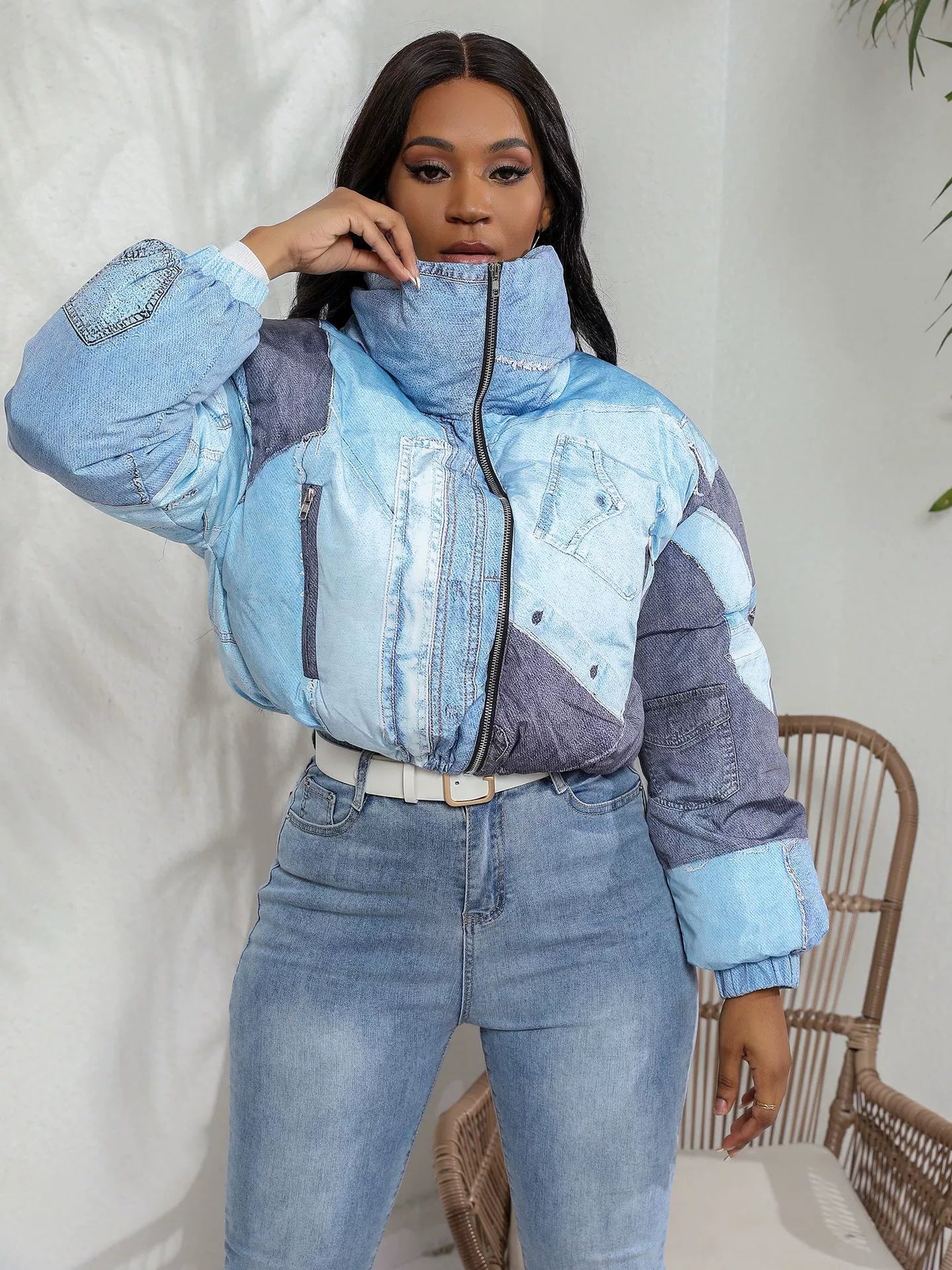 Women’s Jacket – Oversized Puffy Fit – Patchwork Denim Look – Zip Front Stand Collar