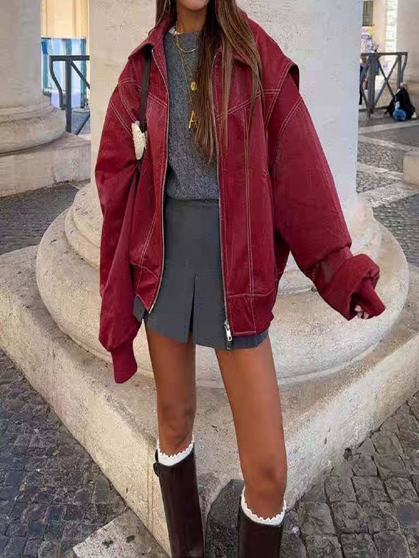 Women’s Oversized Jacket – Cotton Blend – Dropped Shoulders – Contrast Stitching – Zip Front
