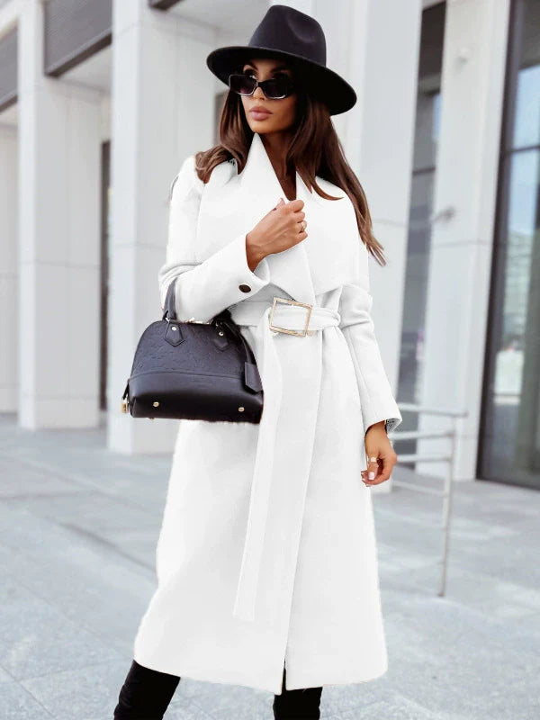 Women’s Longline Coat – Wool Feel – Tailored Relaxed Fit – Belted Waist – Draped Lapels