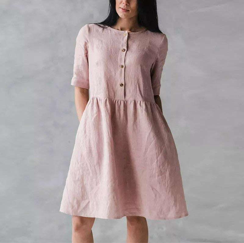 Women’s Midi Dress – Cotton Linen Blend – Relaxed Fit – Button Front with Pockets