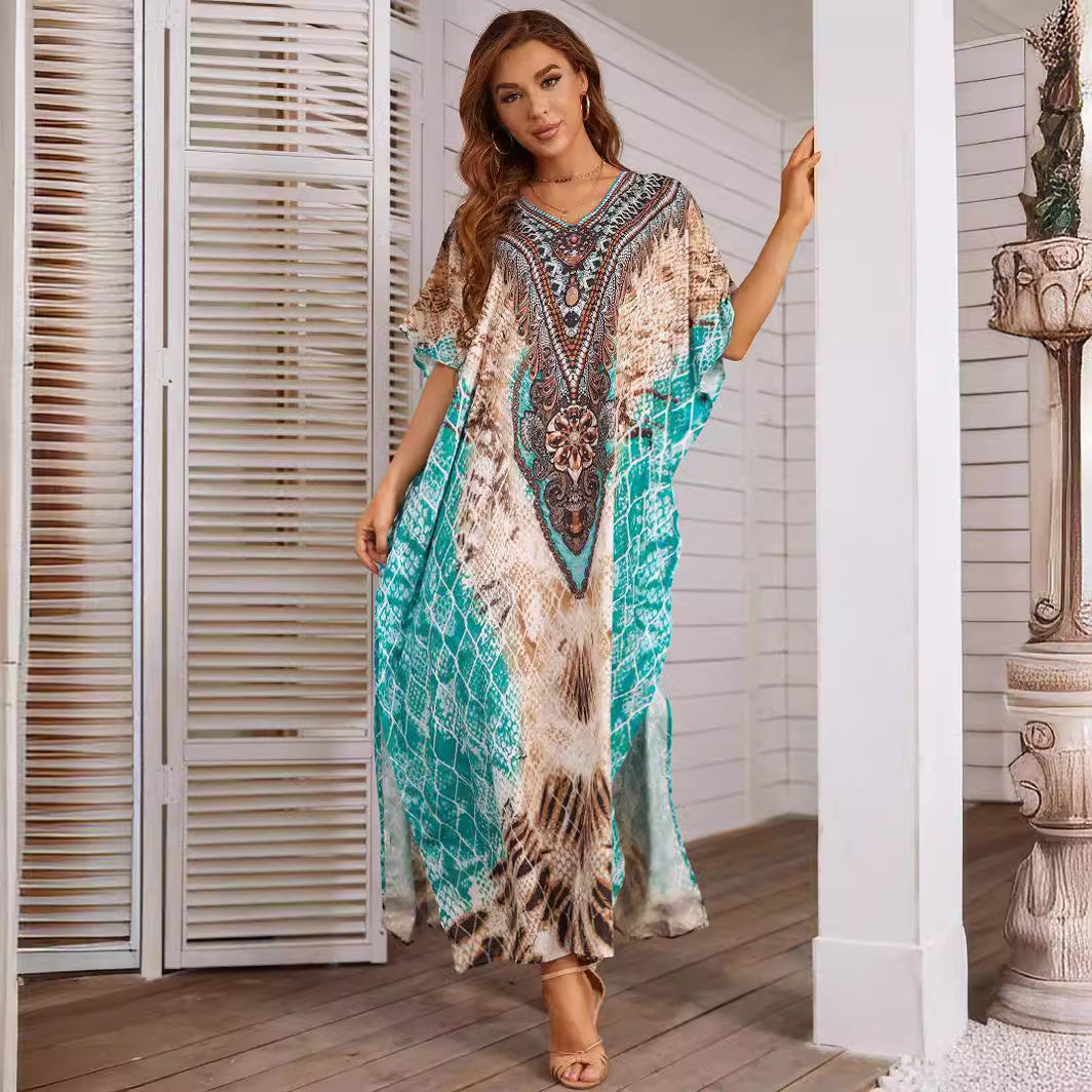 Women's Kaftan Dress - Flowy Lightweight Long Length - Boho V-Neck Short Sleeve