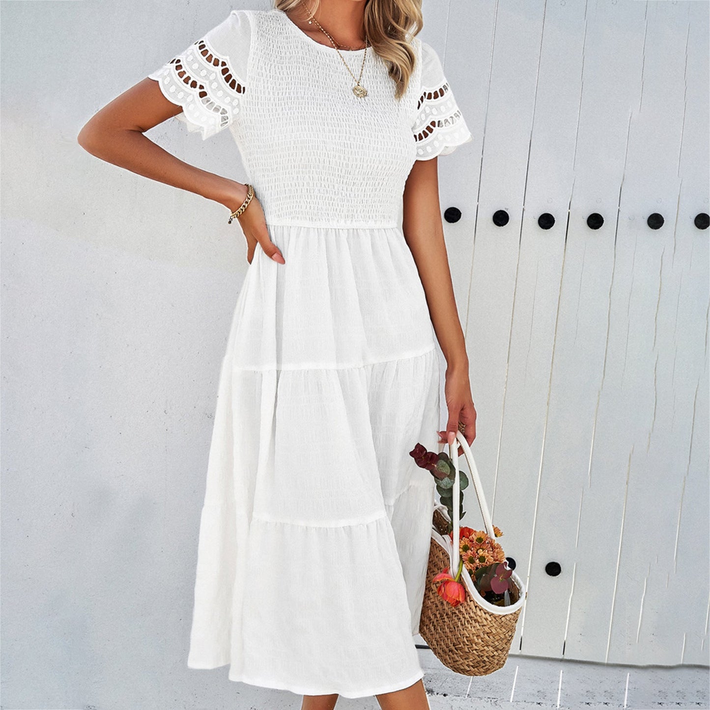 Women’s Midi Dress – Smocked Bodice – Tiered Skirt – Cut-Out Lace Sleeves – Flowy Fit