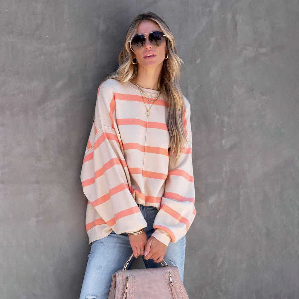 Women’s Oversized Sweatshirt - Crew Neck - Striped - Dropped Shoulder - Ribbed Cuffs