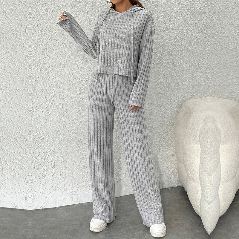 Women’s Two-Piece Loungewear Set – Hooded Ribbed Knit – Relaxed Fit – Wide Leg Pants
