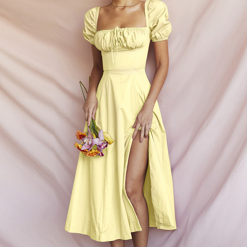 Women’s Off-Shoulder Dress – Puff Sleeve – Tie Neck – High Slit – Midi A-Line Fit