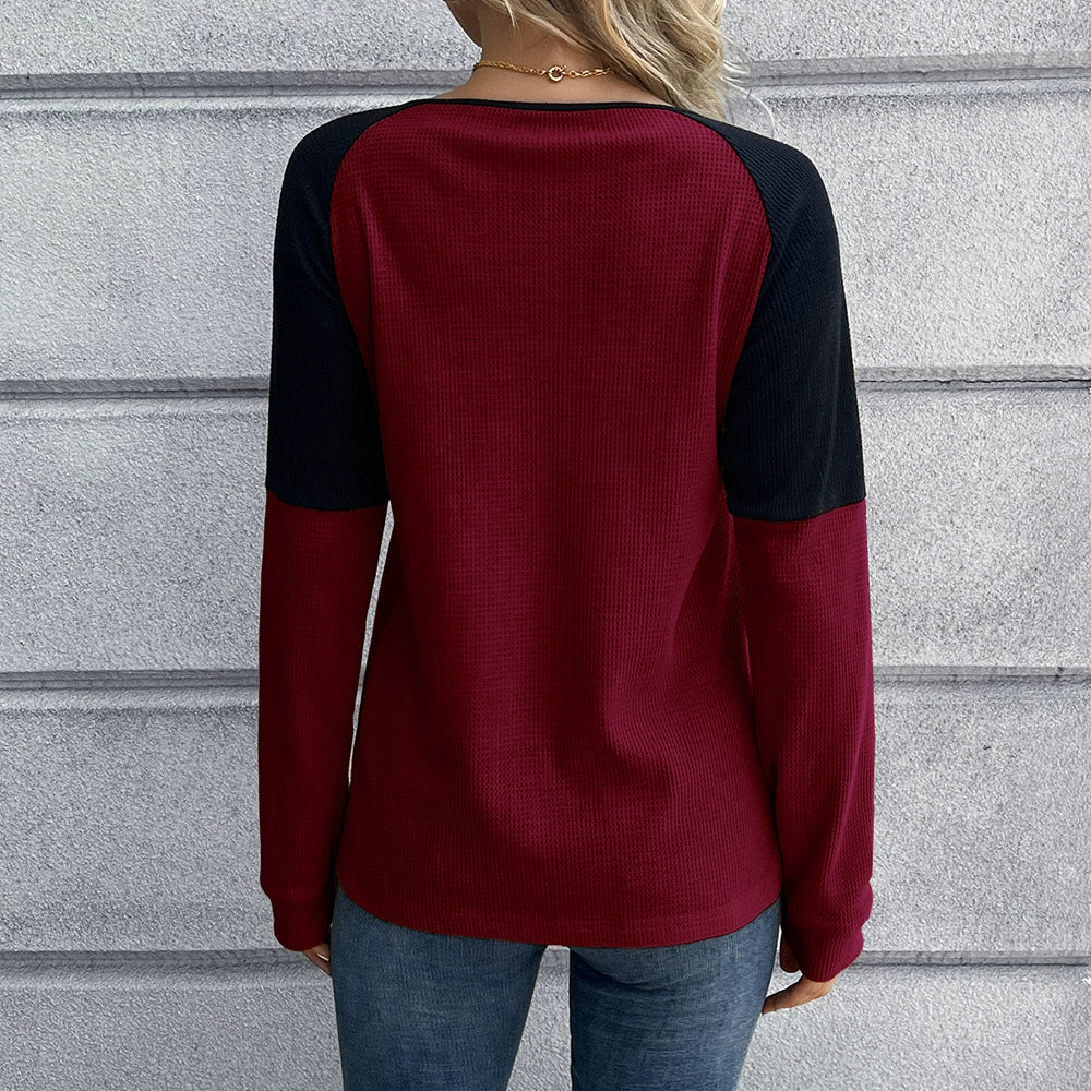 Women’s Long Sleeve T-Shirt – Waffle Knit – Relaxed Fit – Button Neck – Raglan Sleeve