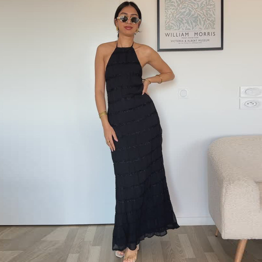Women’s Maxi Dress – Slim Fit – Halter Neck – Ruched Texture – Open Back Evening Wear