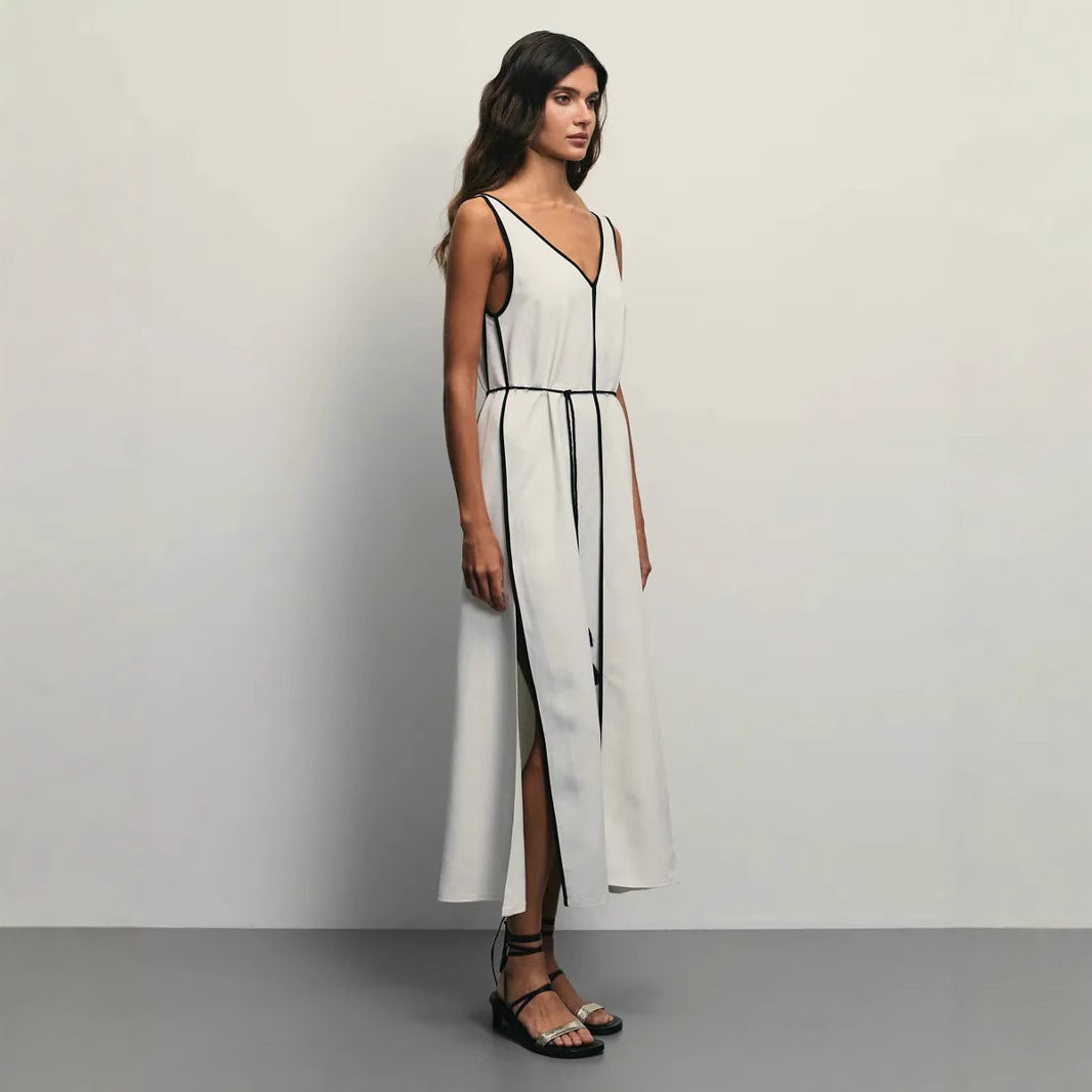 Women’s Sleeveless Midi Dress – A-Line Fit – U-Neck – Waist Tie – Lightweight Breathable Fabric
