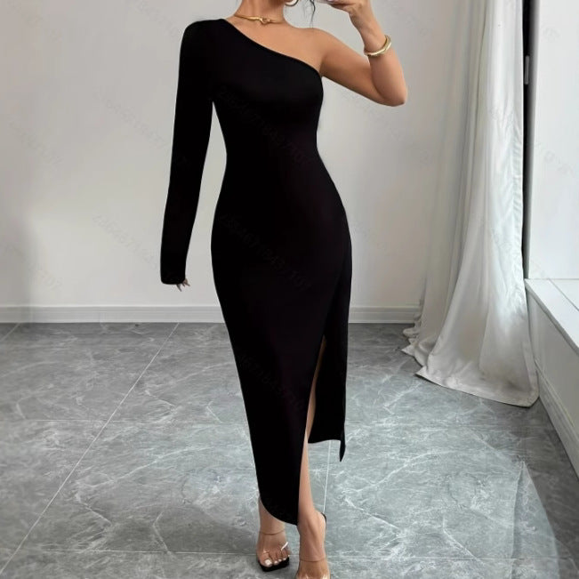 Women’s Bodycon Dress – Off-Shoulder – One Long Sleeve – Asymmetric Slit – Midi Length