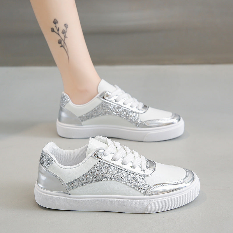 Women's Platform Sneakers - Leather & Glitter Fabric - Lace-Up Casual Shoes