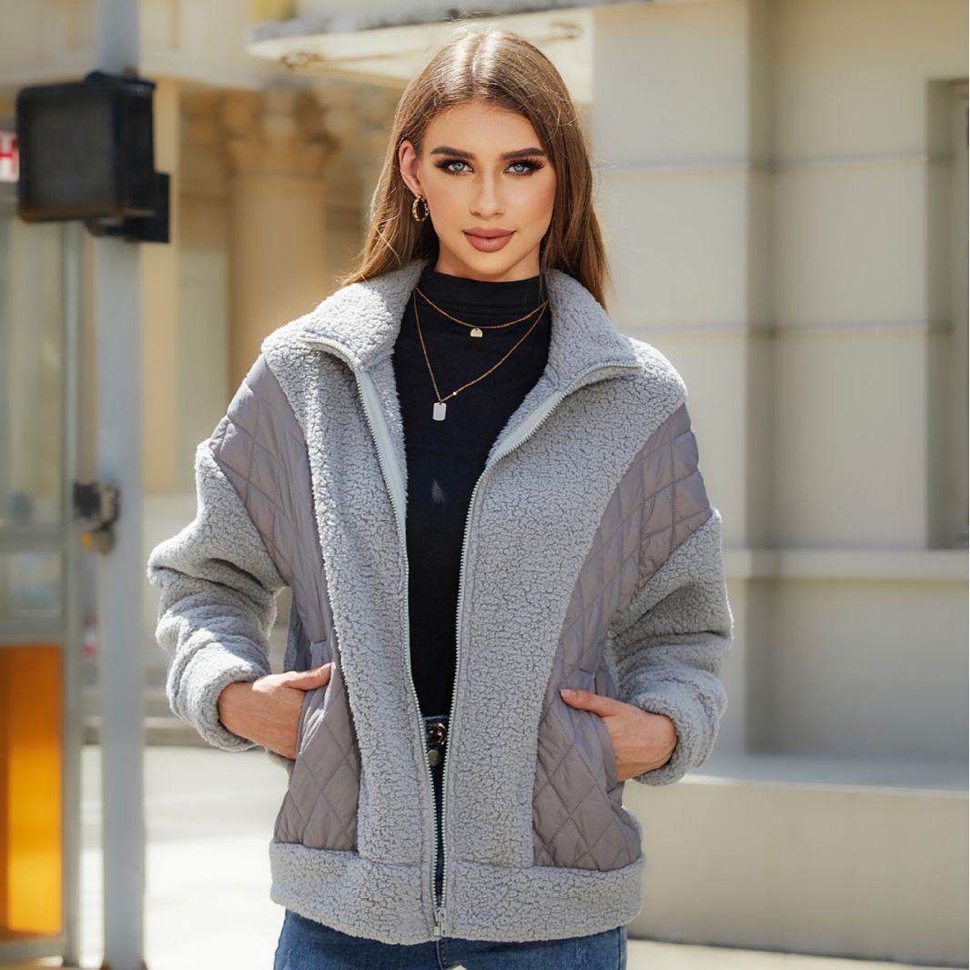 Women's plush zip-up spliced velvet jacket
