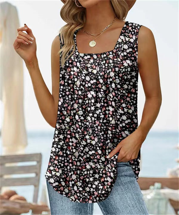 Women’s Sleeveless T-Shirt – Square Neck Vest – Floral Print – Relaxed Fit – Breathable Blend