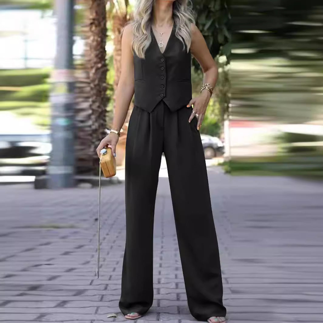Women's sleeveless v neck vest with wide leg pants set