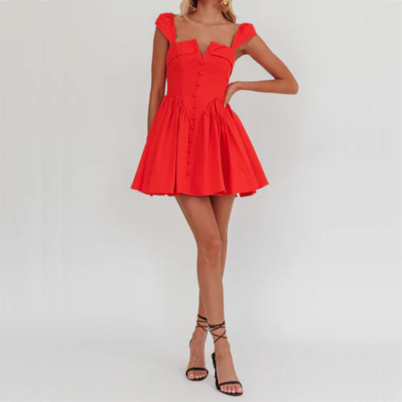 Women’s Sleeveless Mini Dress – Fitted Bodice – Pleated A-Line Skirt – Square Neckline