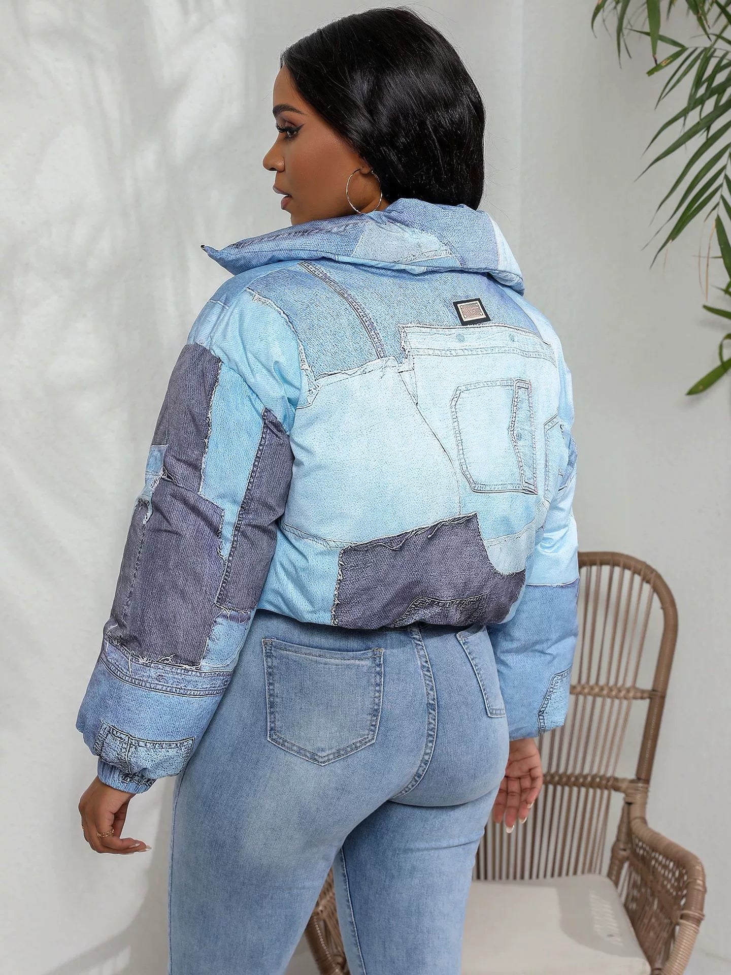 Women’s Jacket – Oversized Puffy Fit – Patchwork Denim Look – Zip Front Stand Collar