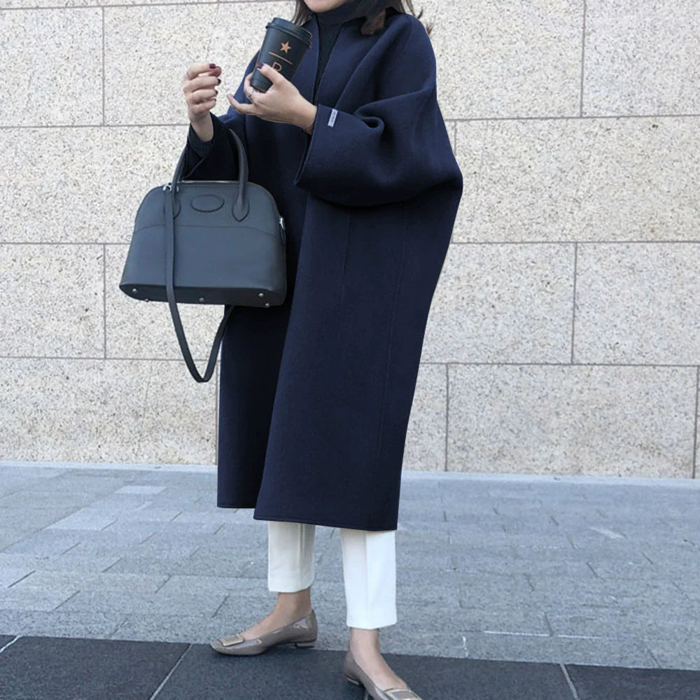 Women’s Long Coat – Wool Blend – Oversized Relaxed Fit – Open Front – Mid-Calf Length