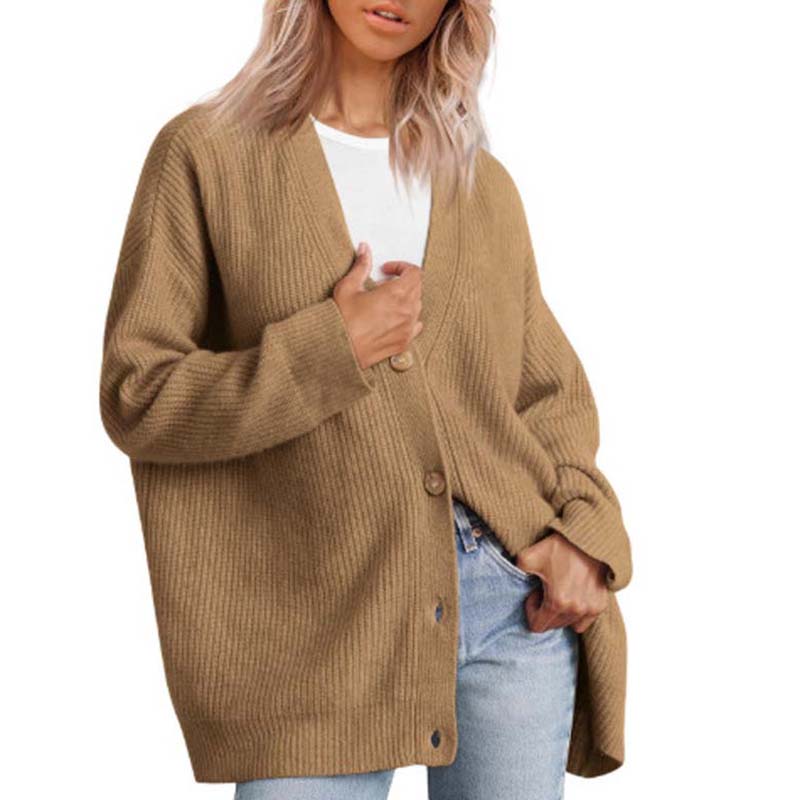 Women's versatile button V-neck solid color knit cardigan