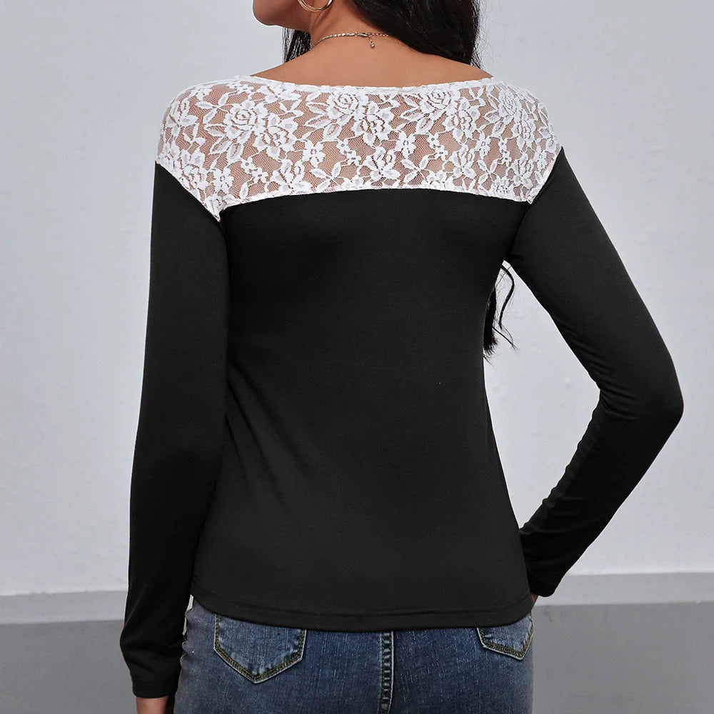 Women’s Long Sleeve T-shirt – Slim Fit – Lace Splice – Stretch Knit – Casual Elegant