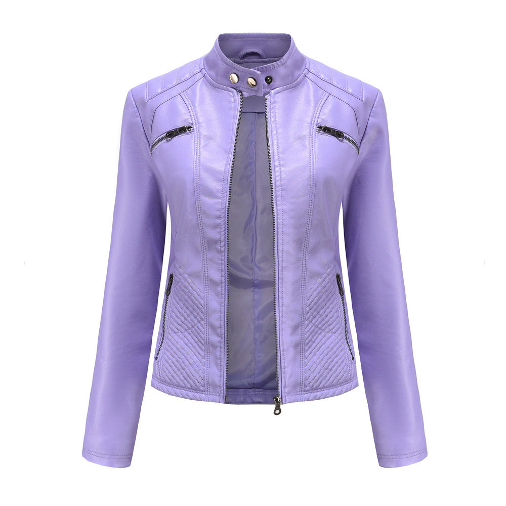 Women's casual faux leather stand-up collar jacket