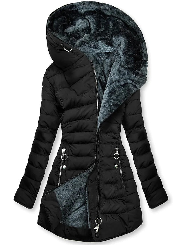 Women’s Puffer Jacket – Faux Fur Lined Hood – Quilted Mid-Thigh – Fitted Warm Style