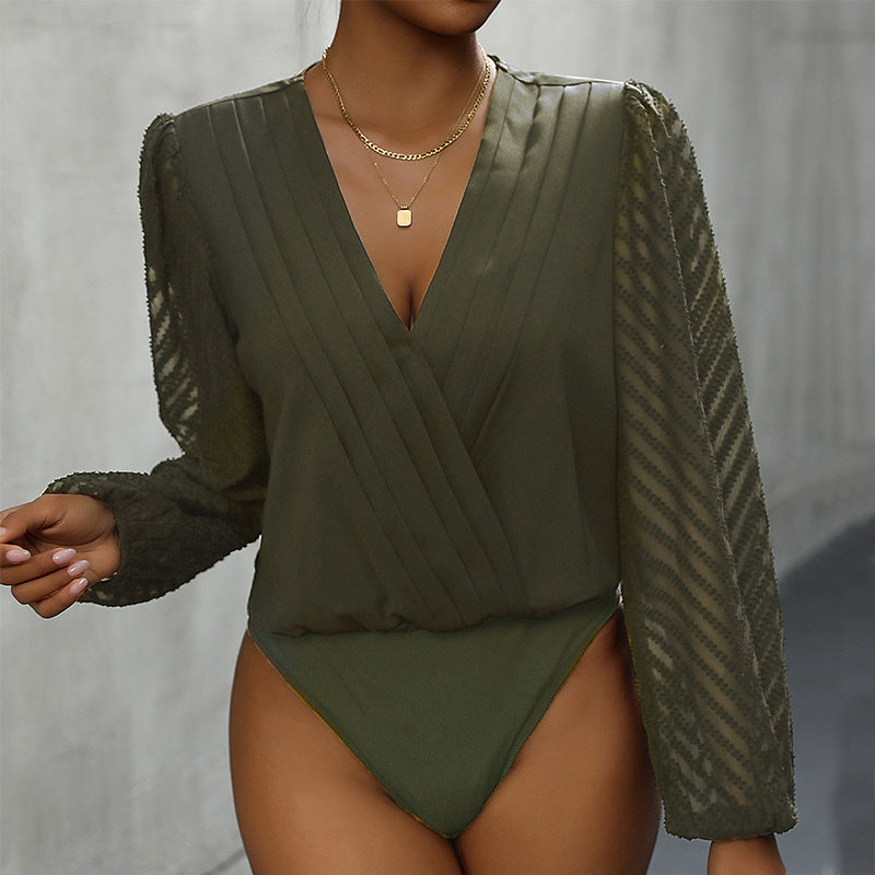 Sheer Patterned Wrap V-Neck Blouse
