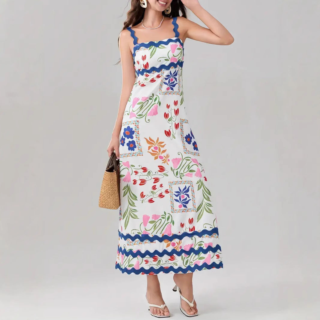 Floral Print Ruffle Trim A-Line Midi Dress