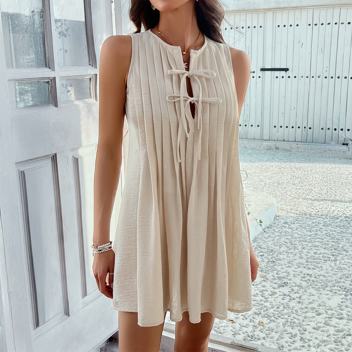 Women’s Sleeveless Dress – Relaxed Fit – Tie Neck – Pleated Front – Above Knee Length