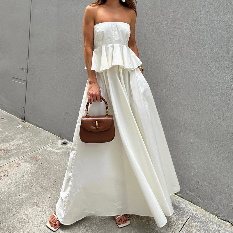 Women’s Strapless Maxi Dress – Fitted Bodice – Peplum Waist – A-Line Flowy Skirt