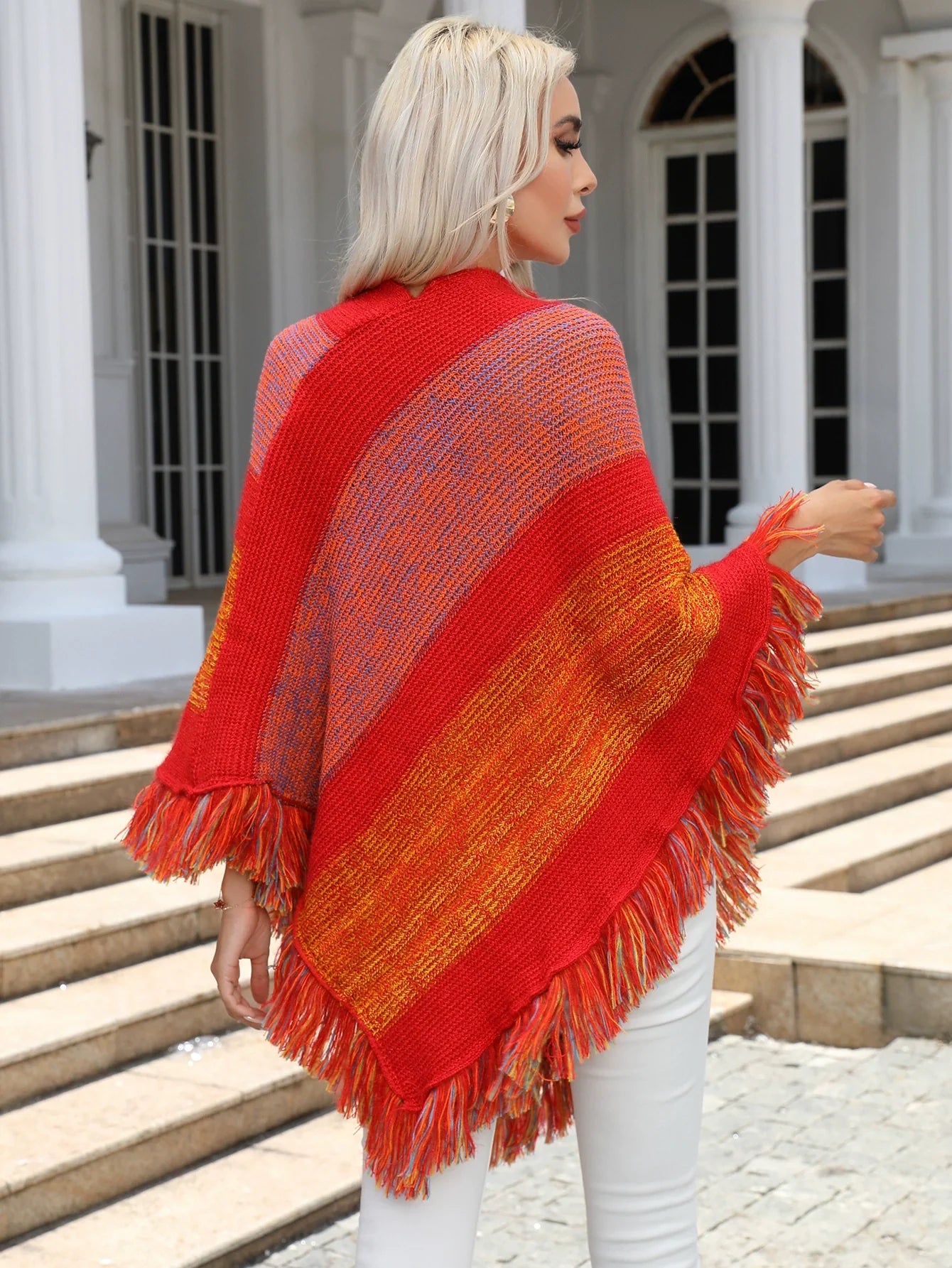 Women’s Cape Shawl Coat – Wool Blend – Oversized Fit – V-Neck – Tassel Hem – Open Front