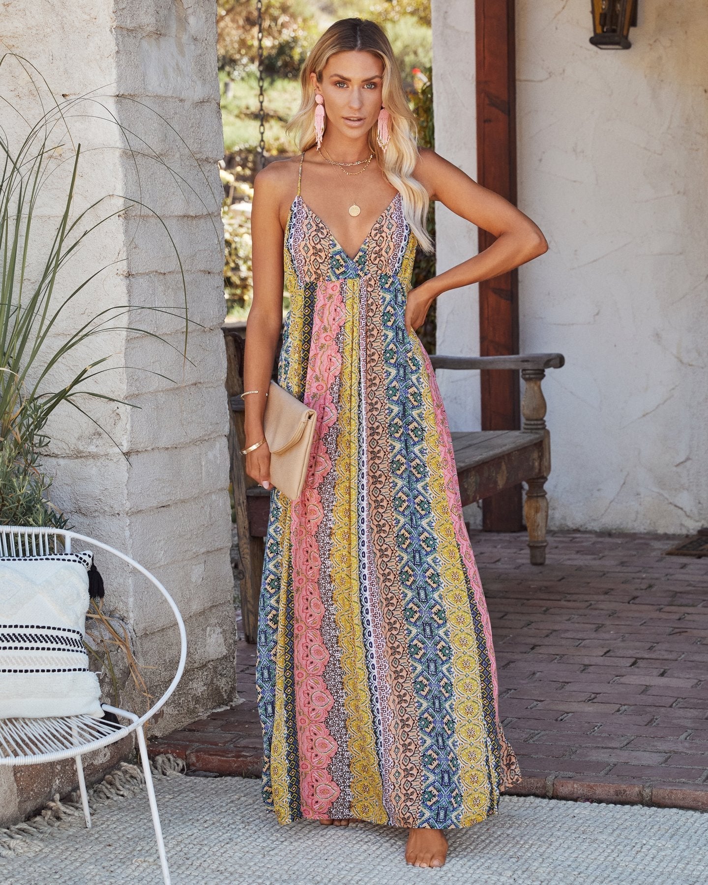 Women’s Maxi Dress – V-Neck – Open Back – Spaghetti Straps – Flowy Cotton Blend