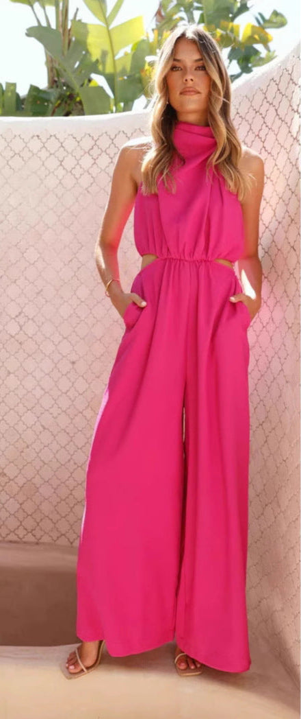 Women's Halter Jumpsuit - Wide-Leg Relaxed Fit - Adjustable Waist - Sleeveless Casual Wear