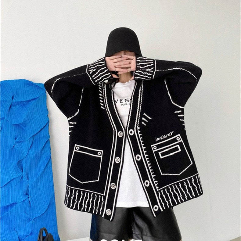 Women's black and white knitted loose slouchy cardigan