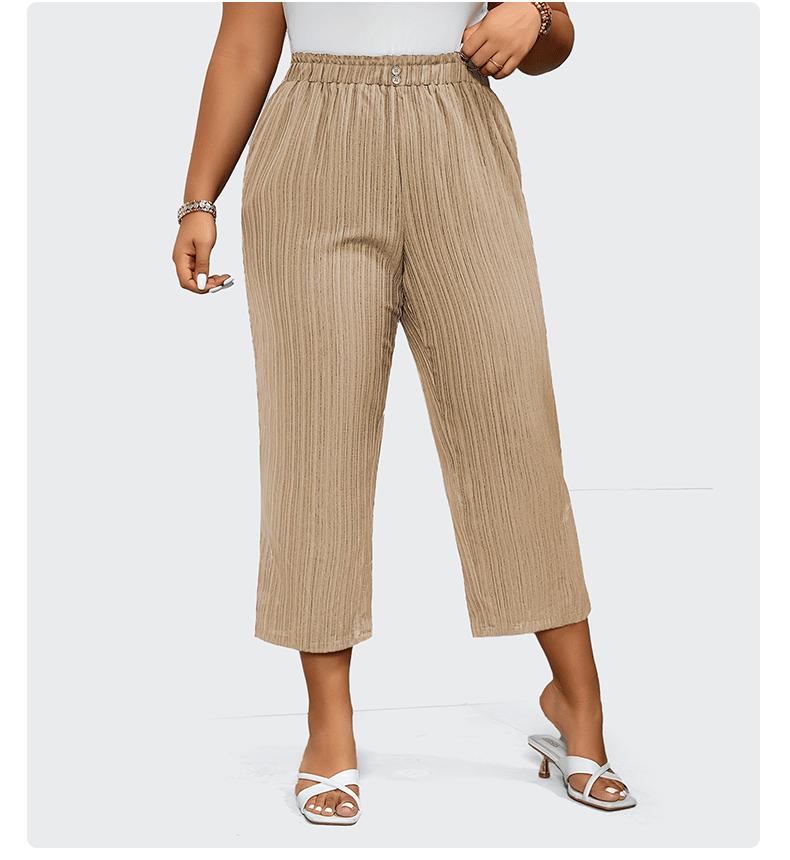 Women's Pleated Trousers - High-Rise Elastic Waist - Wide-Leg Cropped Fit