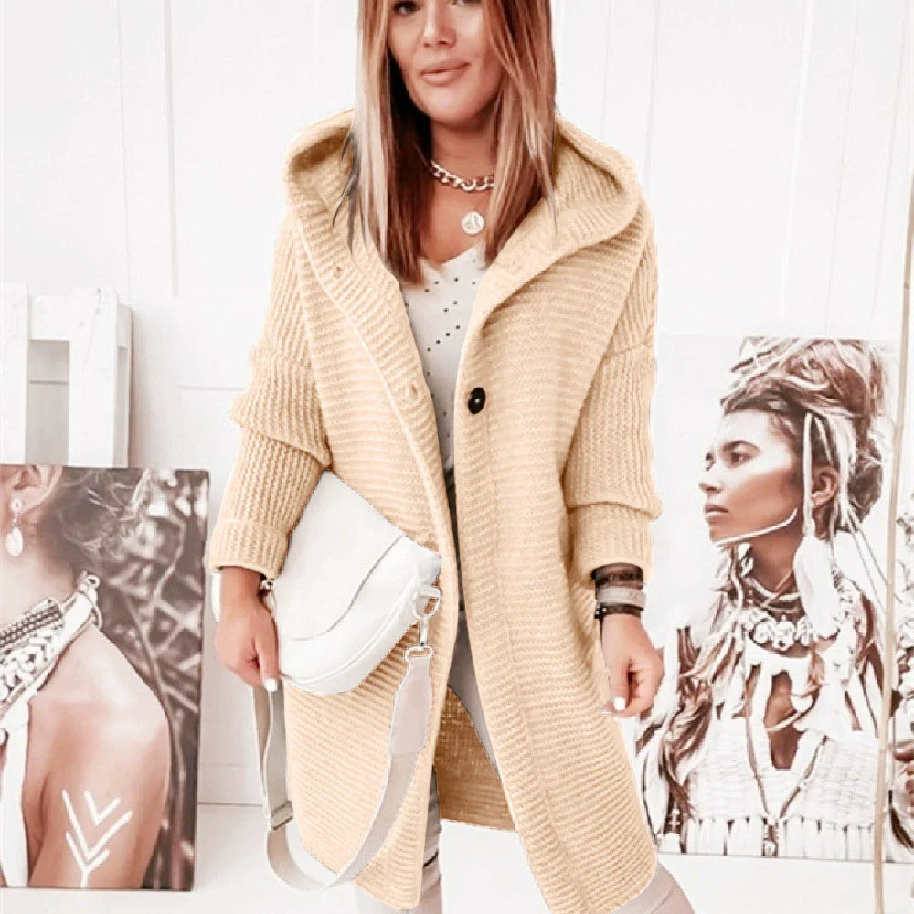 Women’s Hooded Cardigan – Ribbed Knit – Loose Fit – Long Line – Button Front