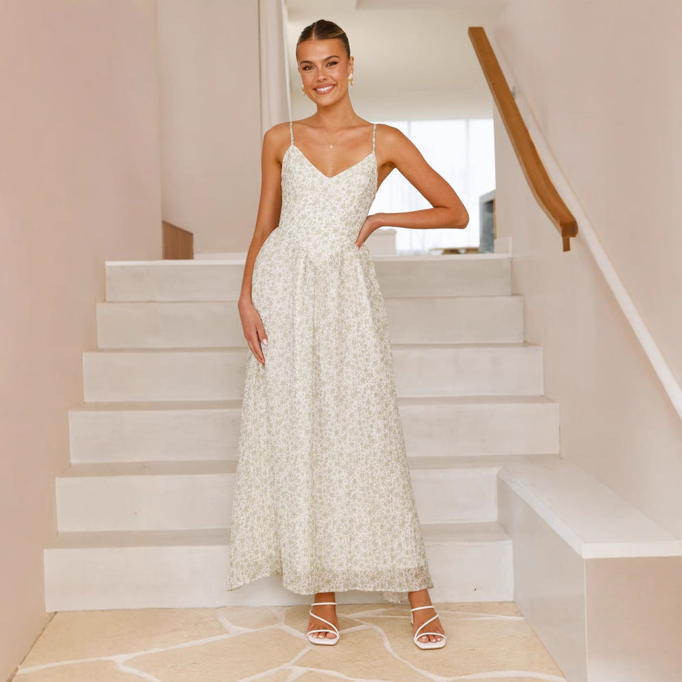 Women’s Maxi Dress – V-Neck Sleeveless – Floral Print – Flared Skirt – Back Bow Tie
