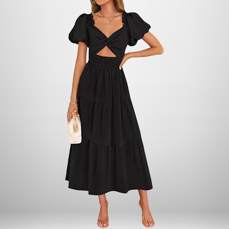 Women’s Midi Dress – V-Neck – Puff Sleeve – Smocked Waist – Tiered A-Line Skirt