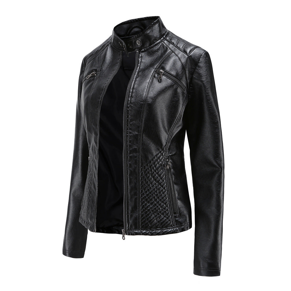 Women's casual faux leather stand-up collar jacket