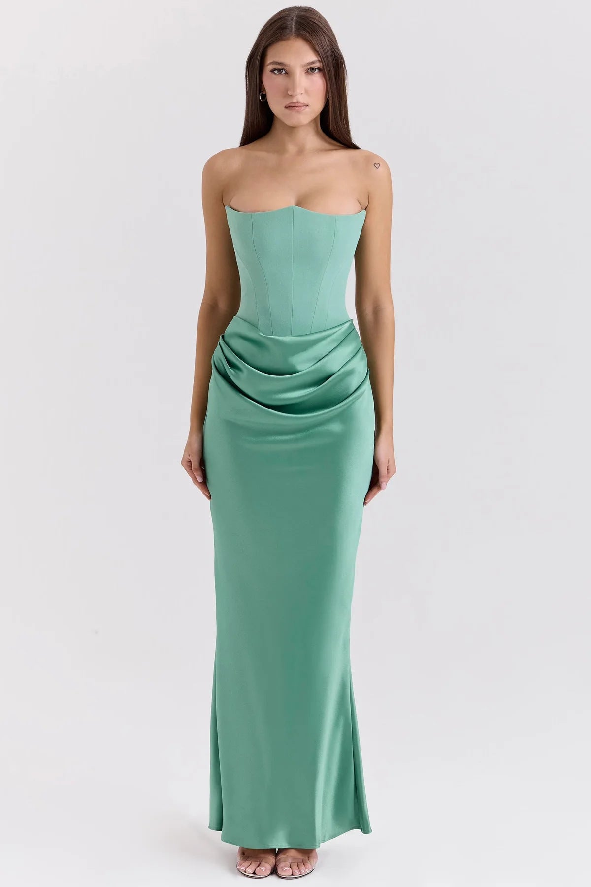 Women’s Strapless Maxi Dress – Corset Bodice – Satin Finish – Slim Fit – Elegant Gown
