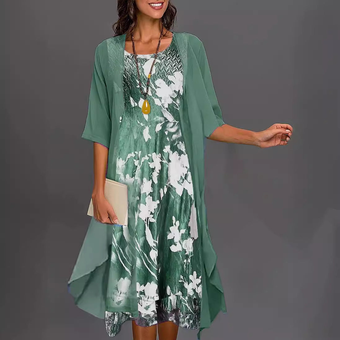 Women’s Midi Dress Set – Relaxed Fit – Sheer Overlay – Floral Print – Asymmetrical Hem