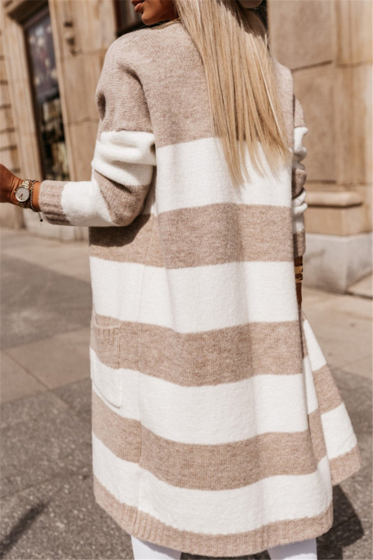 Women’s Knit Cardigan – Oversized Fit – Longline Open Front – Striped – Ribbed Cuffs